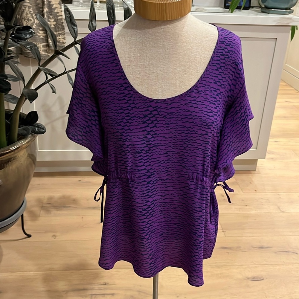 EUC Central Park West 100% silk ruffle sleeve drawstring waist tie - purple navy